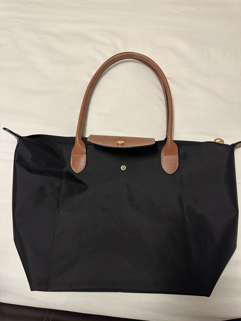 Longchamp Black Nylon Tote with Brown Leather Trim